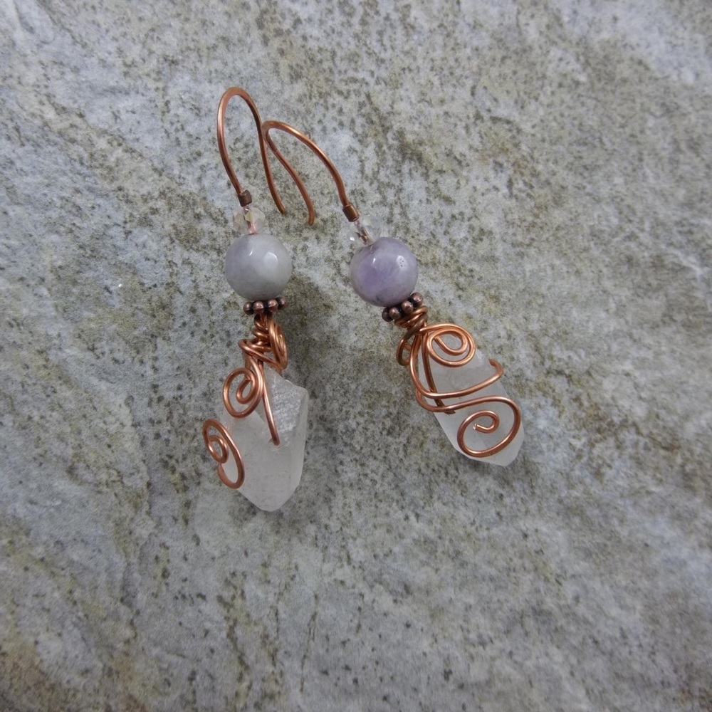Copper wrapped raw crystal earrings